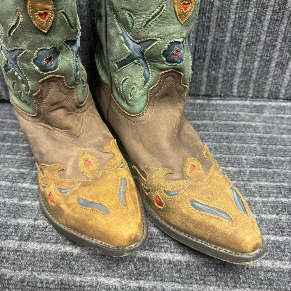 Danpost Western Cowboy Boots 5.5D Brown Green Floral Embroidery DPC-3151 Good